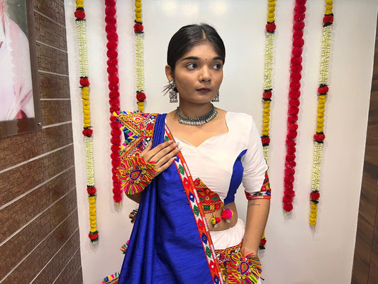 White Blue Rajwadi Cotton Silk Gamthi Work Butta Lace Work Navratri Lehenga Choli