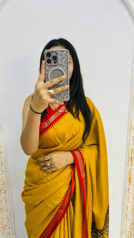 Red Border Musterd Soft Mal Mal Cotton Silk Traditional Kalamkari Saree