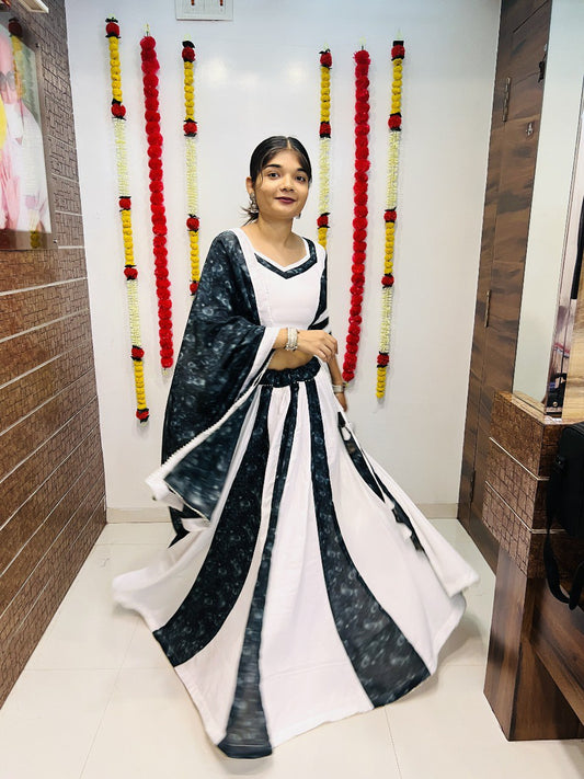 White Pure Silk Printed With Mirror Lace Work Navratri Lehenga Choli