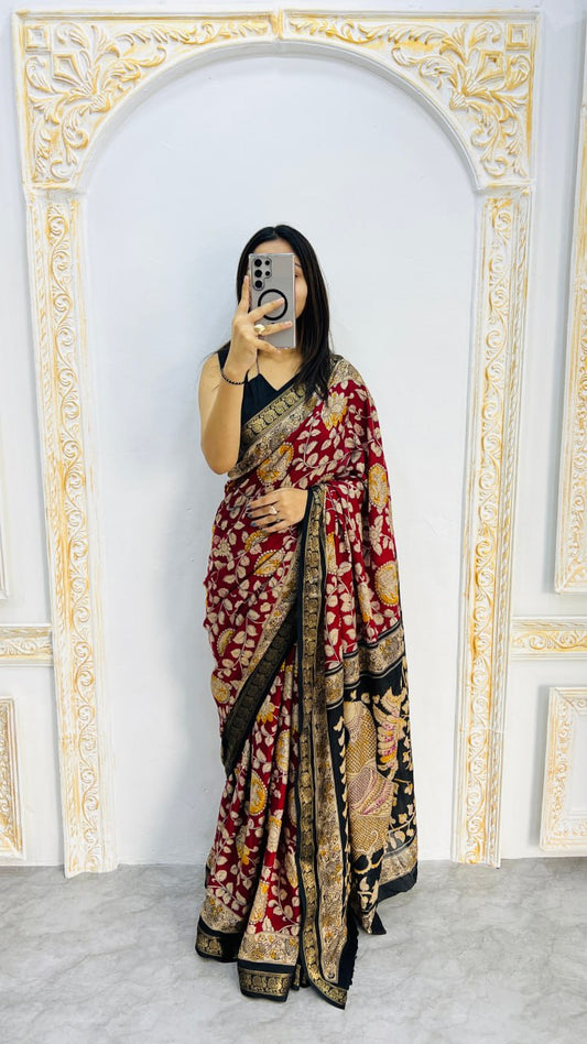 Red Soft Mal Mal Cotton Silk Elegant Pen Kalamkari Saree