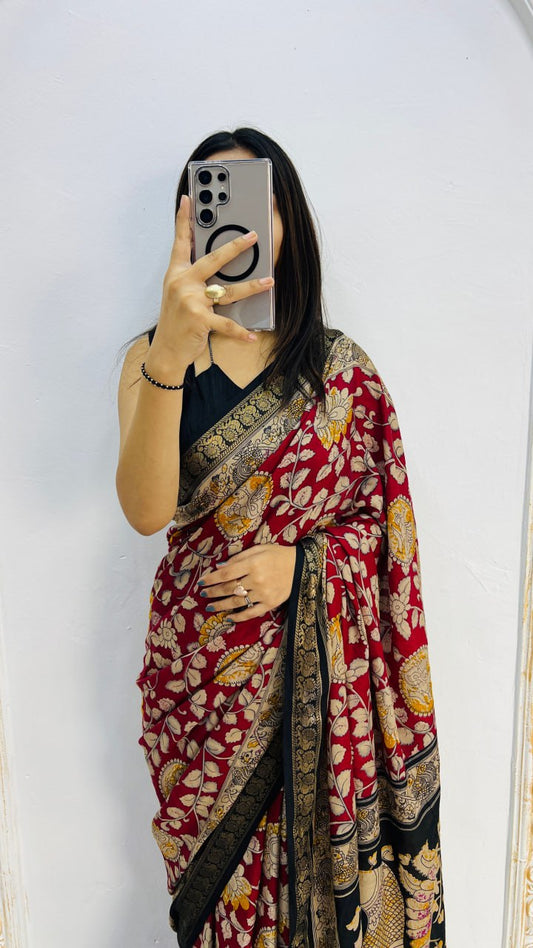 Red Soft Mal Mal Cotton Silk Elegant Pen Kalamkari Saree