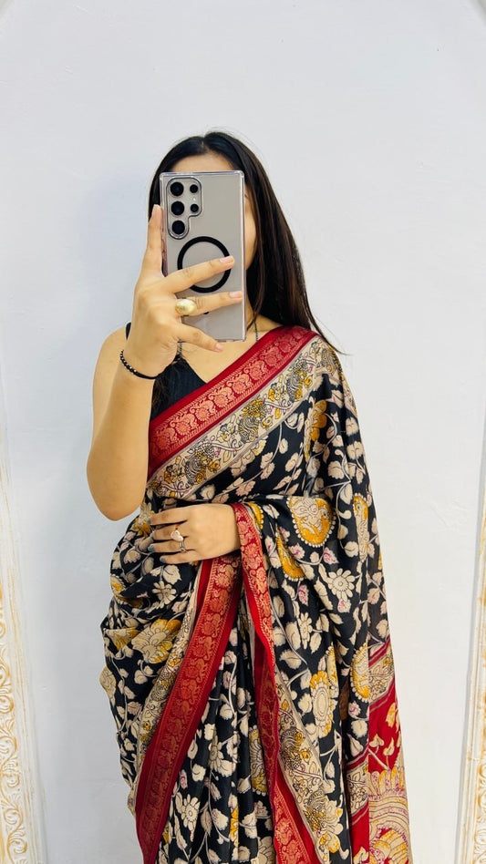 Black Soft Mal Mal Cotton Silk Elegant Pen Kalamkari Saree