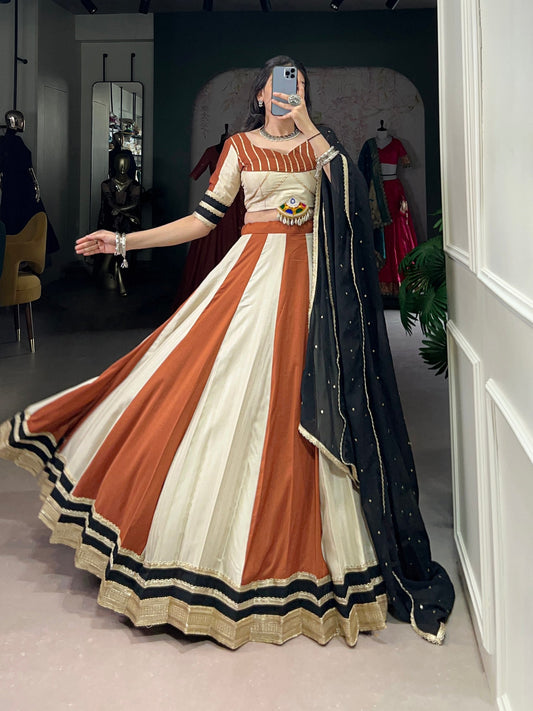 Cream Chinon Sequins Lace Touch Up Navratri Lehenga Choli