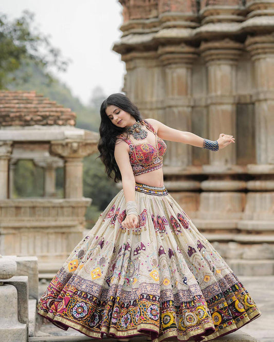 Off-White Navratri Chaniya Choli - Heavy Muslin Cotton with Kutchi Mirror Work & Digital Print