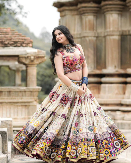 Off-White Navratri Chaniya Choli - Heavy Muslin Cotton with Kutchi Mirror Work & Digital Print