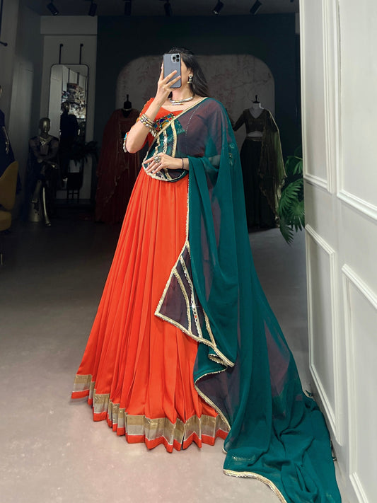 Orange Pure Rayon Embossed Design Lace Touch Up Navratri Lehenga Choli