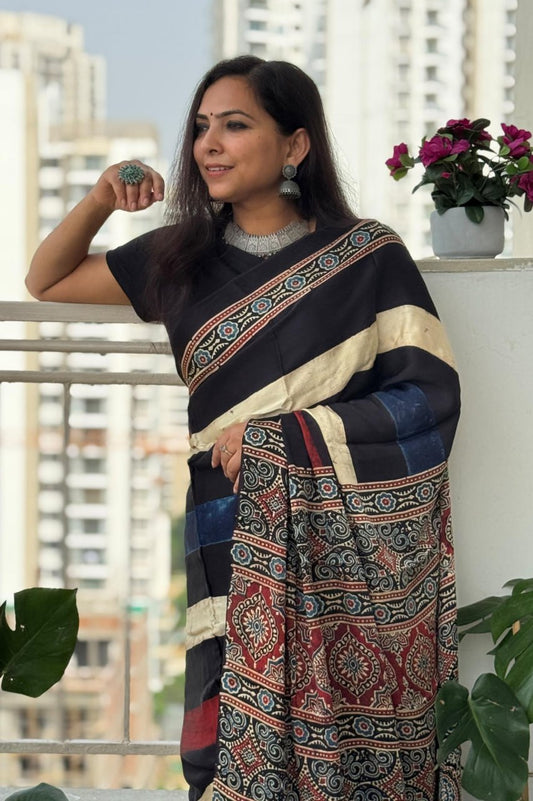Black Multicolor Original Semi Gajji Silk Traditional Ajrak Design Saree