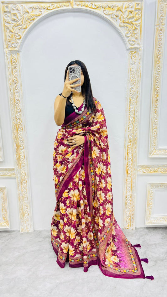 Wine Premium Lilan Cotton Elegant Tassels On Pallu Saree