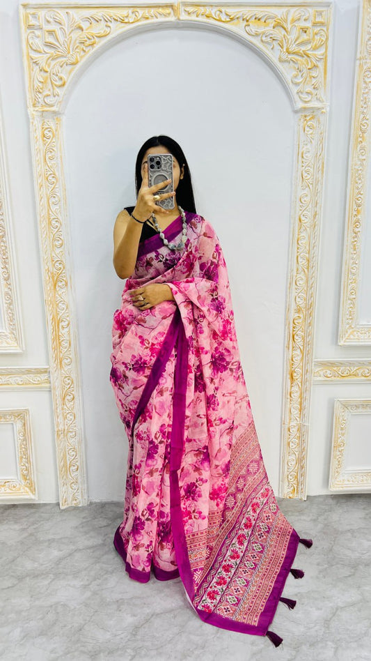 Purple Premium Lilan Cotton Beautiful Floral Lotus Print Saree