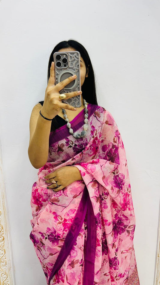 Purple Premium Lilan Cotton Beautiful Floral Lotus Print Saree