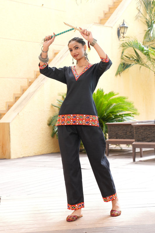 Black Cotton Navratri Co-ord Set with Embroidery Thread Work & Original Mirror Work