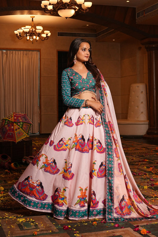 Baby Pink & Teal Green Crepe Navratri Lehenga Choli with Traditional Garba Printed Work