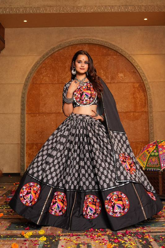 Black Crepe Navratri Lehenga Choli with Traditional Printed Work, Embroidery & Mirror Work