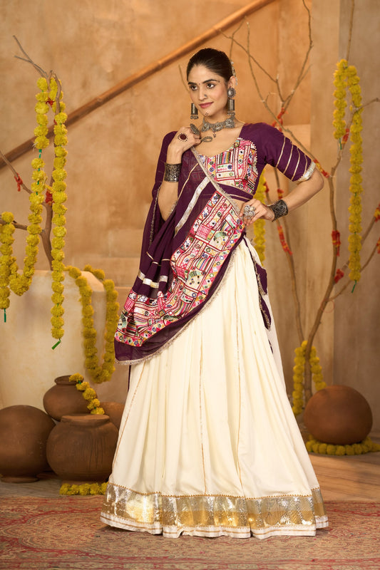 Off-White & Purple Crepe Navratri Lehenga Choli with Gota Patti Lace, Embroidery & Mirror Work