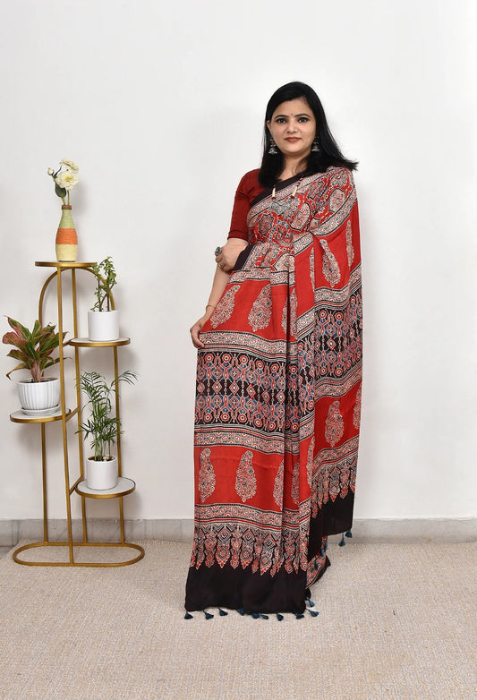 Red Ajrakh Printed Semi Gaji Silk Saree