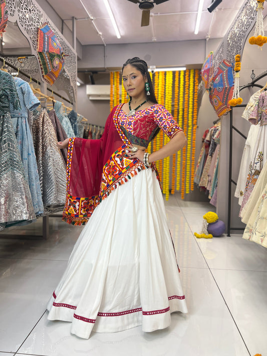 White Color Reyon Readymade Mirror Lace Multi Febric Cotton Full Stitched Lehenga Choli