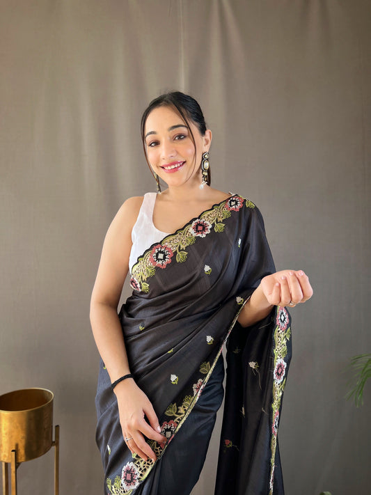 Black Pure Tussar Silk Embroidery Work Saree