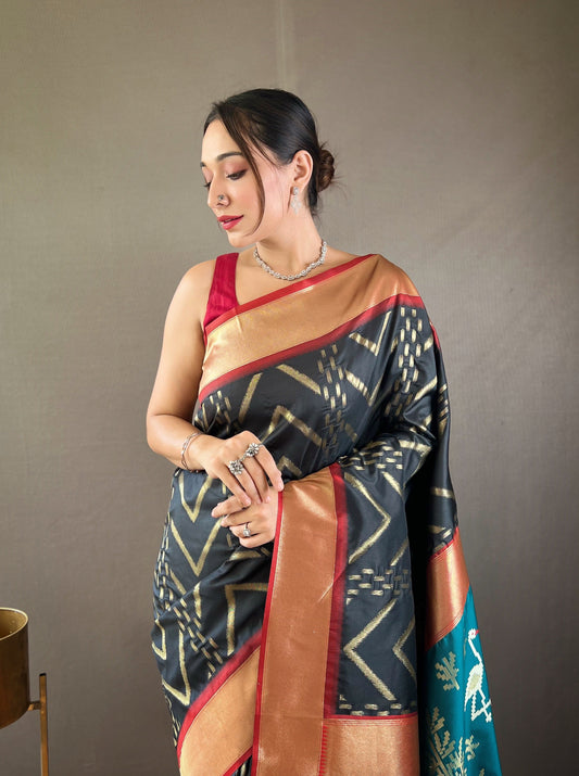 Charcoal Black Zig Zag Viscose Zari Design Soft Banarasi Silk Saree
