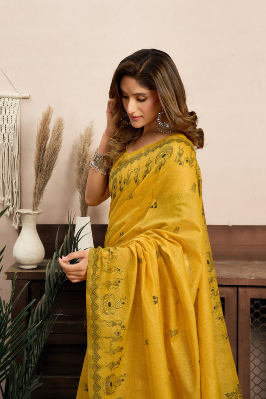 Mustard Yellow Warli Zari Silk Cotton Saree – Designer Ethnic & Festive Wear Saree for Women