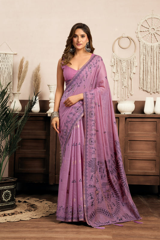 Dusty Purple Warli Zari Silk Cotton Saree – Designer Ethnic & Festive Wear Saree for Women
