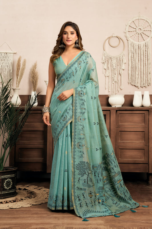 Teal Blue Warli Zari Silk Cotton Saree – Designer Ethnic & Festive Wear Saree for Women
