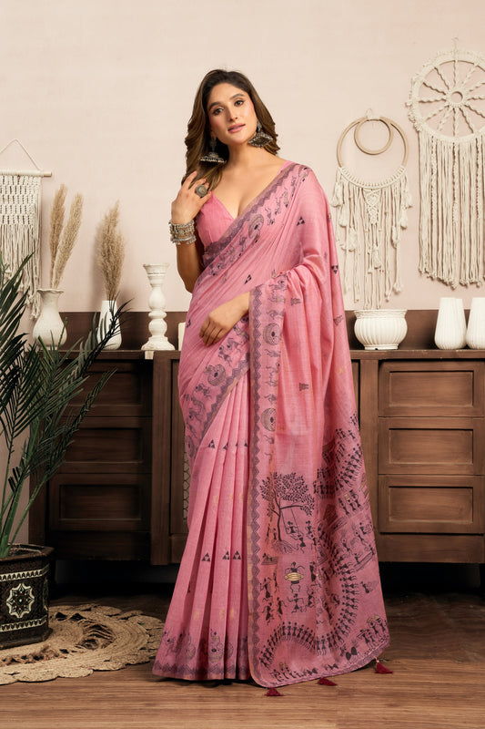 Rose Pink Warli Zari Silk Cotton Saree – Designer Ethnic & Festive Wear Saree for Women
