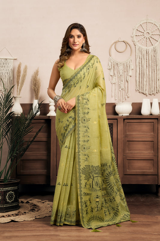 Pistachio Green Warli Zari Silk Cotton Saree – Elegant Ethnic & Festive Wear Designer Saree for Women