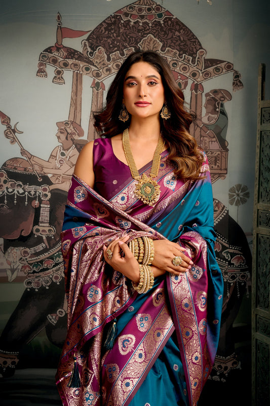 Tufts Blue Banarasi Soft Silk Saree – Designer Wedding Festive Party Wear Saree