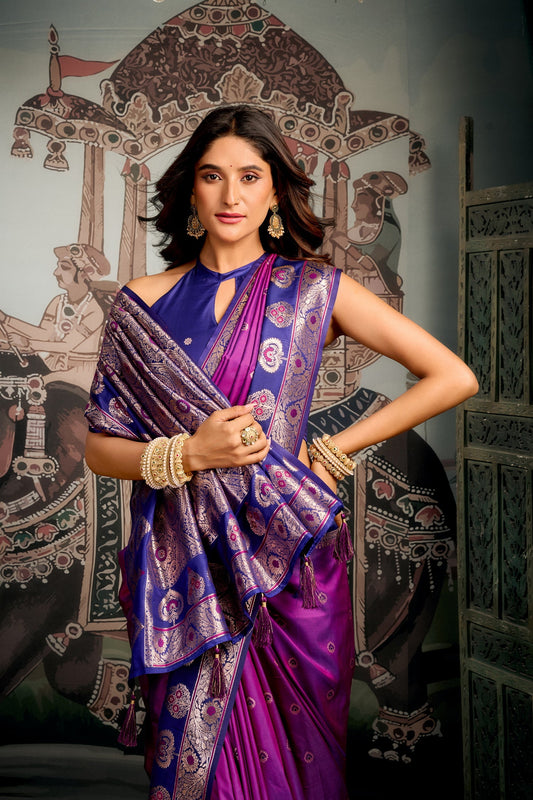 Japanese Purple Banarasi Soft Silk Saree – Designer Wedding Festive Party Wear Saree