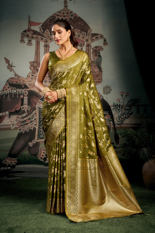 Green Banarasi Premium Soft Silk With Gold Zari With Zhallar Saree With Blouse Piece