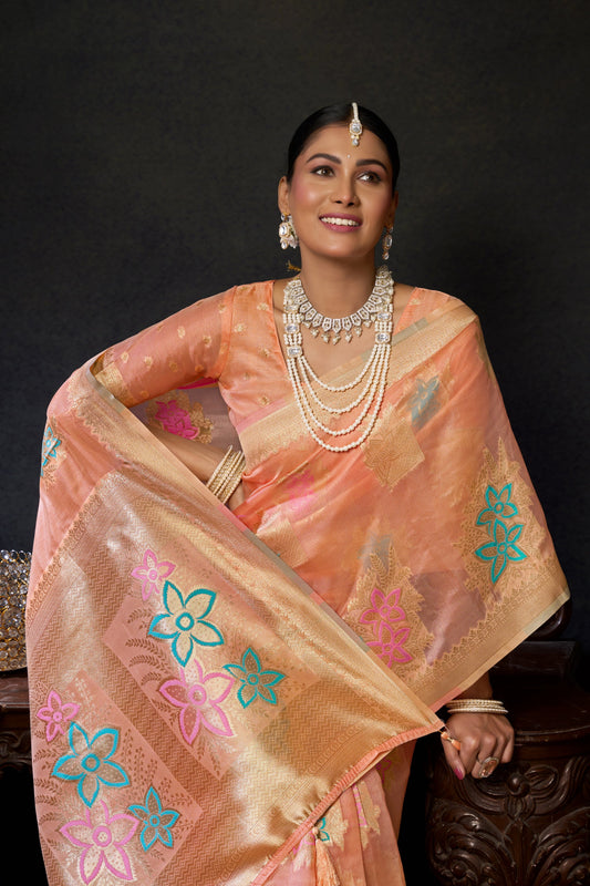 Plum Peach Woven Banarasi Organza Saree – Designer Wedding Festive Party Wear Saree