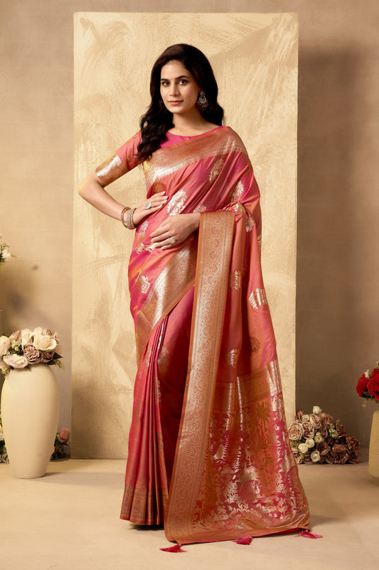 Rose Pink Ethnic Motifs Zari Art Silk Banarasi Saree with Tassels