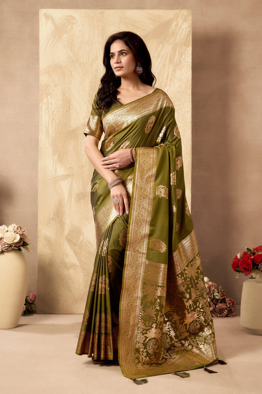 Olive Green Ethnic Motifs Zari Art Silk Banarasi Saree with Tassels