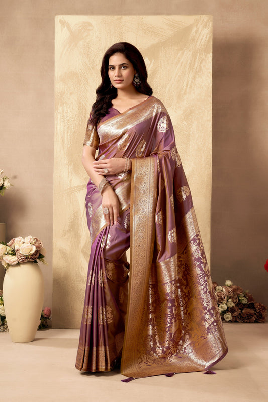 Mauve Purple Ethnic Motifs Zari Art Silk Banarasi Saree with Tassels