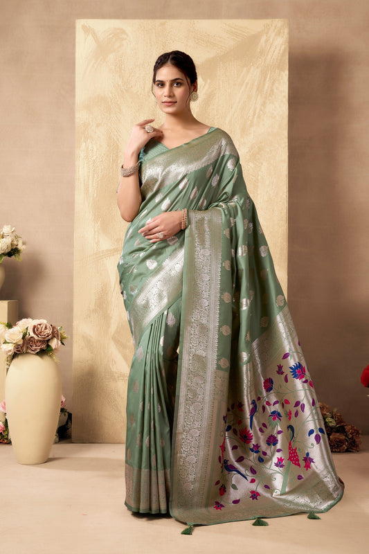 Laurel Green Rich Peacock Pallu Banarasi Silk Saree With Zhallar