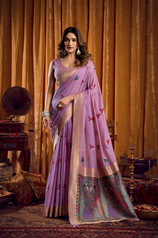 Lavender Khadi Cotton Saree With Elegant Jhallar Border Paired With A Katha Work Modal With Mina & Zhallar