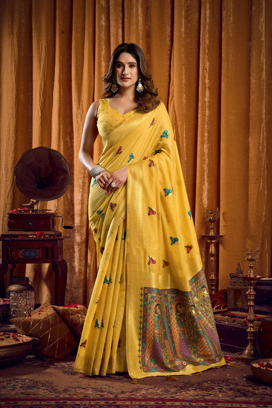 Yellow Khadi Cotton Saree With Elegant Jhallar Border Paired With A Katha Work Modal With Mina & Zhallar