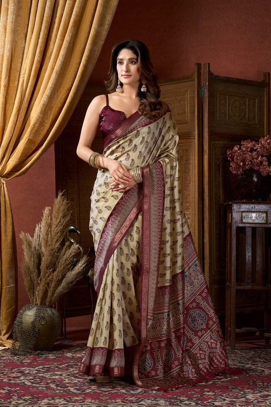 Beige Ethnic Motifs Zari Silk Blend Handloom Saree – Designer Festive Party Wear Saree