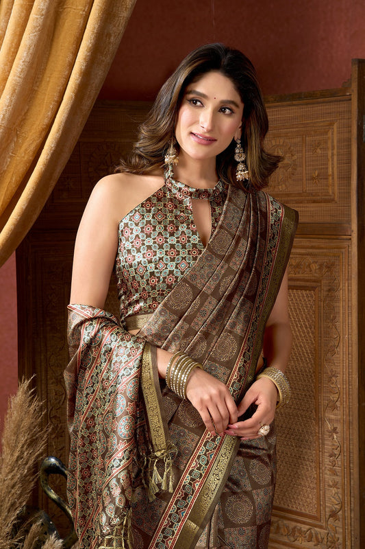 Brown Ethnic Motifs Zari Silk Blend Handloom Saree – Designer Festive Party Wear Saree