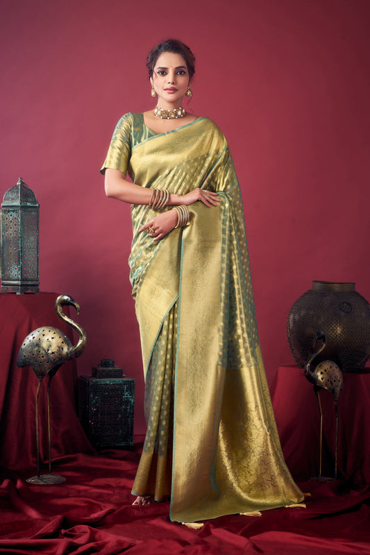 Green Woven Design Zari Tissue Banarasi Saree – Designer Wedding Festive Party Wear Saree