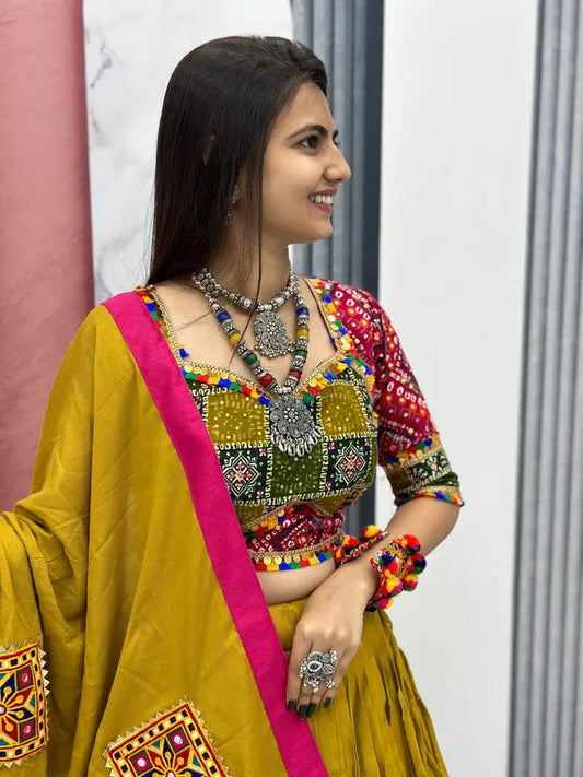 Women's Ethnic Navratri Yellow Lehenga Choli with Embroidered Blouse & Bandhani Dupatta