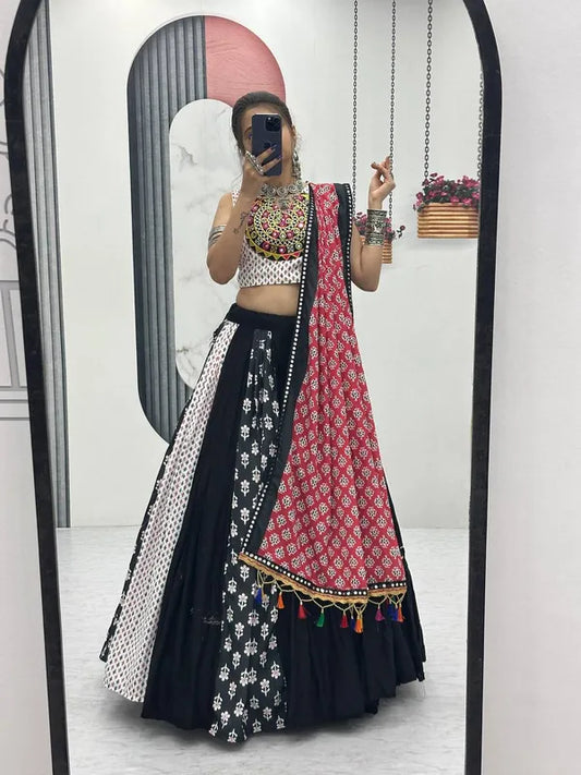 Women's Ethnic Navratri Black And White Lehenga Choli with Embroidered Blouse & Bandhani Dupatta