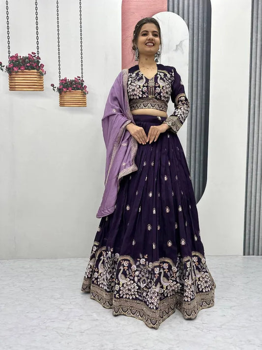 Women's Ethnic Navratri Purple Lehenga Choli with Embroidered Blouse & Bandhani Dupatta