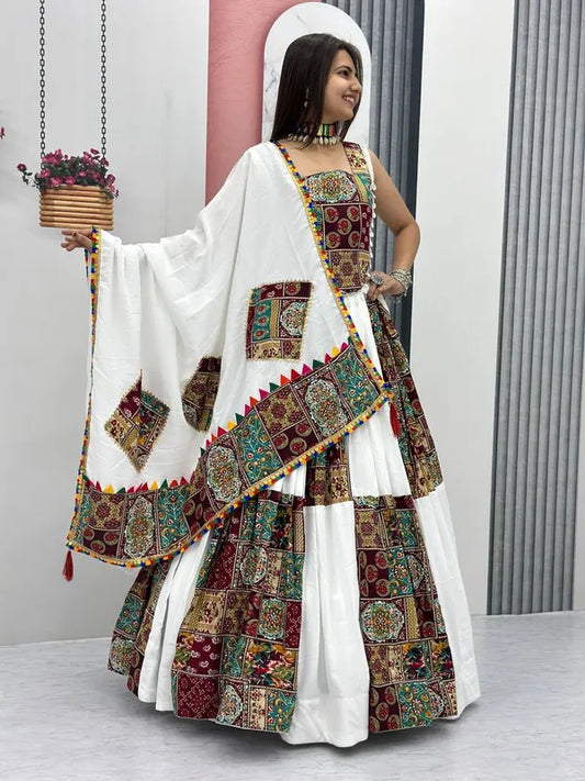 Women's Ethnic Navratri White Lehenga Choli with Embroidered Blouse & Bandhani Dupatta