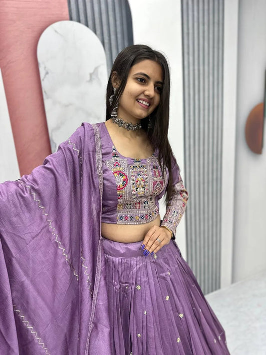 Women's Ethnic Navratri Lavender Lehenga Choli with Embroidered Blouse & Bandhani Dupatta