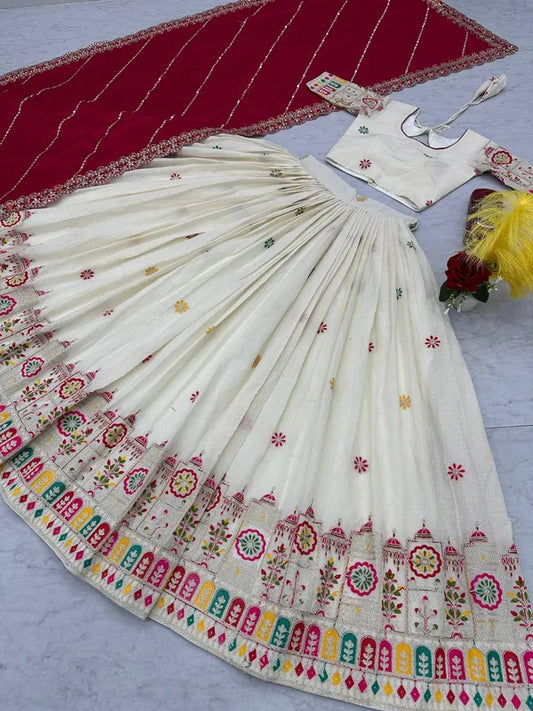 Women's Ethnic Navratri White Lehenga Choli with Embroidered Blouse & Bandhani Dupatta