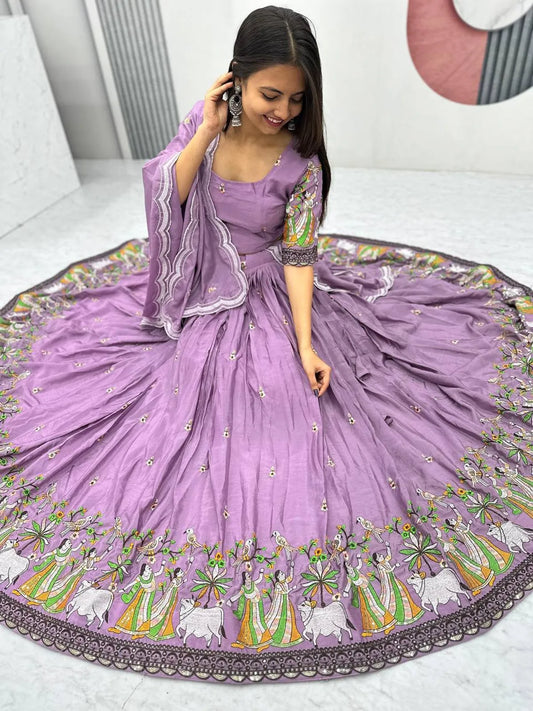 Women's Ethnic Navratri Purple Lehenga Choli with Embroidered Blouse & Bandhani Dupatta