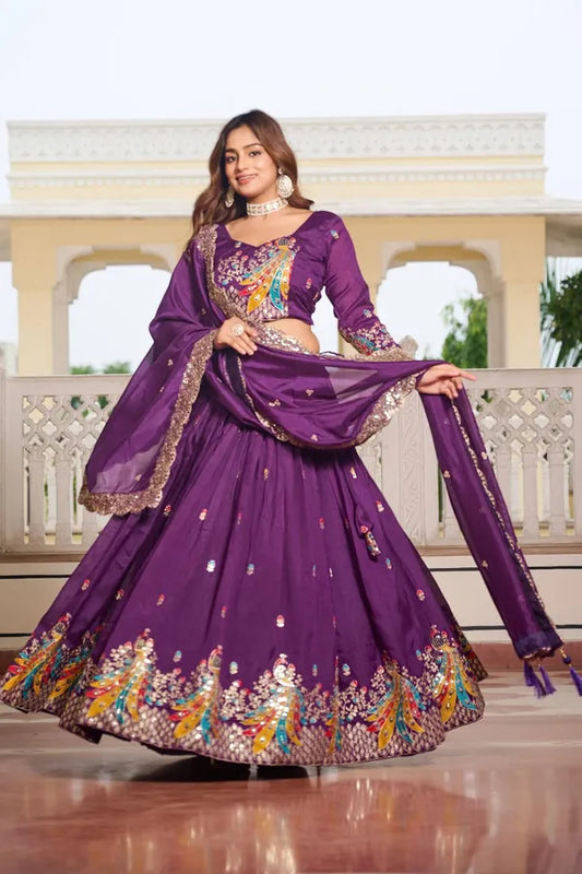 Women's Ethnic Navratri Purple Lehenga Choli with Embroidered Blouse & Bandhani Dupatta