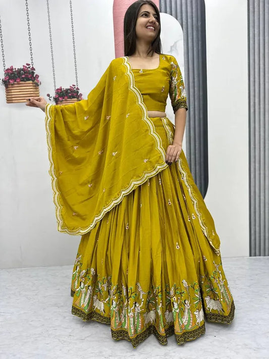 Women's Ethnic Navratri Yellow Lehenga Choli with Embroidered Blouse & Bandhani Dupatta