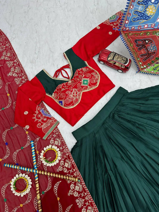 Women's Ethnic Navratri Green Lehenga Choli with Embroidered Blouse & Bandhani Dupatta